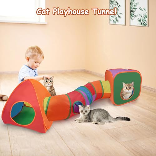Image of Rypet Cat Tunnels for Indoor Cats with Cube Tent Toys Combo Pop Up Collapsible Crinkle Interactive Peek Hole Cat Tube with Play Ball and Bell for Kitten, Puppy, Kitty, Rabbit