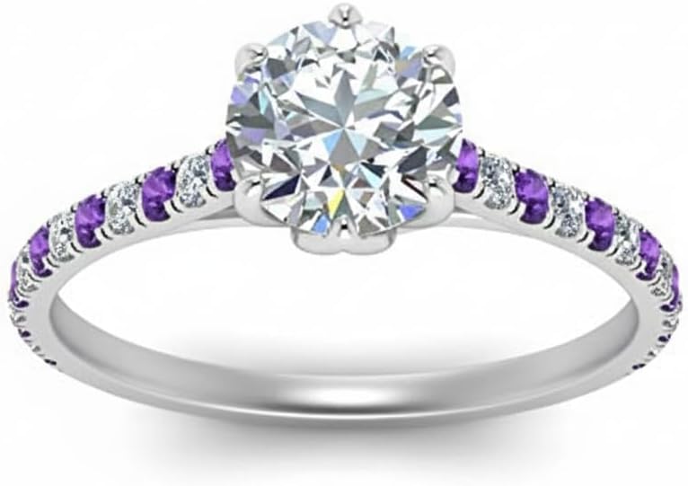 Choose Your Gemstone 6 Claw Prong Flower Basket Diamond CZ Ring Sterling Silver Round Shape Side Stone Engagement Rings Lightweight Office Wear Everyday Gift Jewelry US Size 4 to 12
