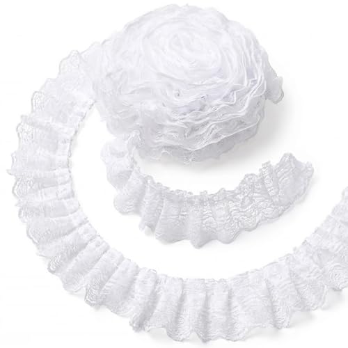 Horyue 5 Yards Ruffled White lace Ribbon | 5cm Wide Pleated lace Trim for Sewing & Crafts | Vintage White lace & Soft lace Fabric roll for Wedding Dress Decor