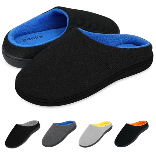 KEPLIN Men’s Memory Foam Slippers – Comfortable Indoor House Shoes for Men with Plush Cushioning, Anti-Slip Rubber Soles, Lightweight Design-Black/Blue, UK Size 9 / EU Size 43