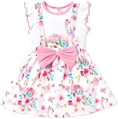 PATPAT Toddler Girl Flamingo Floral Print Dresses Ruffle Sleeve Bowknot Design Suspender Skirt Set 18-24 Months