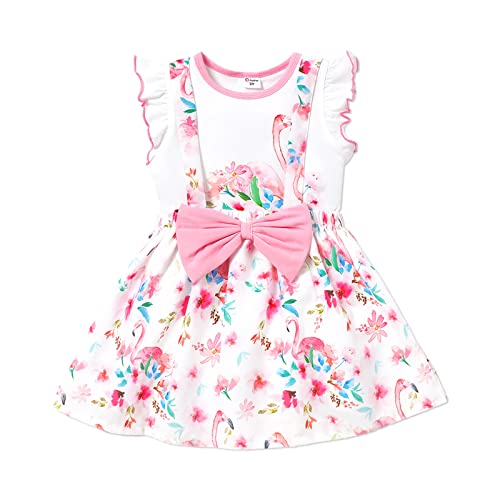 Patpat Toddler Girl Flamingo Floral Print Dresses Ruffle Sleeve Bowknot Design Suspender Skirt Set 18-24 Months #TOP8