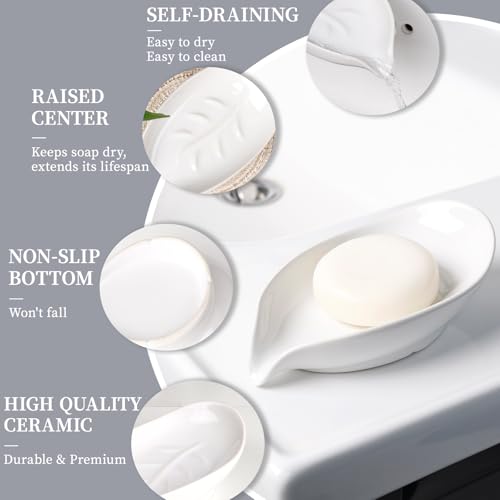 Soap Holder, Self-Draining Soap Dish, White Leaf Shape Ceramic Bar Soap Holder Drain Soap Dishes for Bathroom Sink Kitchen, Easy to Clean Keeps Soap Dry, ANTIS'S HOME by ANTIS'S HOME - Image 2