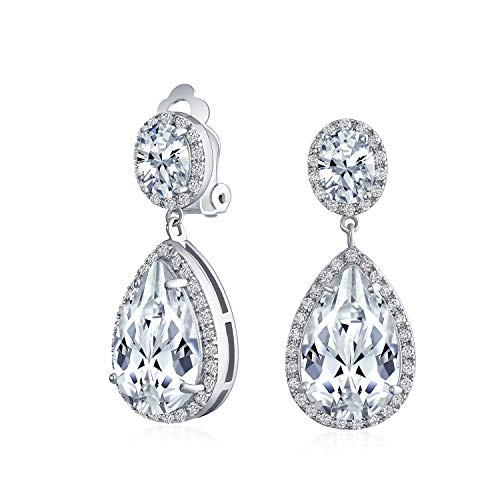 Large Teardrop Cubic Zirconia Pave Cz Halo Prom Pageant Statement Dangle Clip On Earrings For Women Silver Plated Brass #TOP14