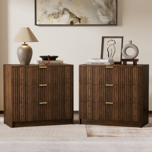 Furniway Fluted Nightstands Set of 2, 31.5" Large Bedside Tables with 3 Drawers, Modern Wood Night Stands with Storage for Bedroom, Walnut
