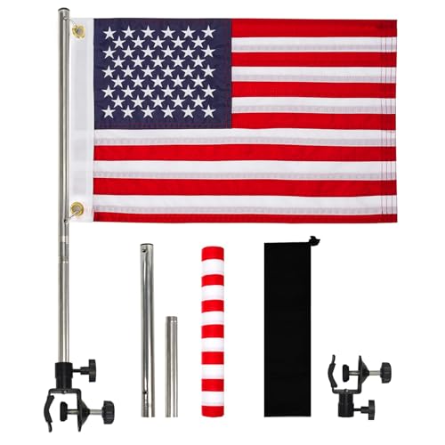 American Boat Flag Pole Kits Marine 12x18 Stainless Steel Boat Flag Pole with 1x Storage Bag Adjustable Flagpole Holder with 50 Embroidered Stars American Flag Boat Accessories