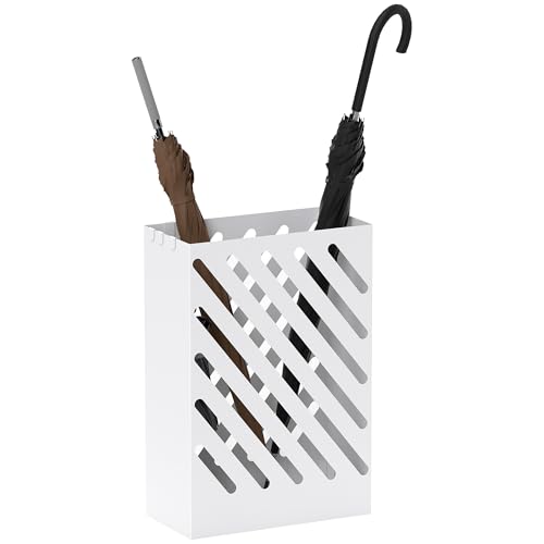 HOMCOM Paragüero de Acero Galvanizado, Soporte de Paraguas Estrecho con Bandeja de Goteo Extraíble, 4 Ganchos, Diseño de Cortes, para Entrada, Pasillo, Oficina, 28x14x41 cm, Blanco