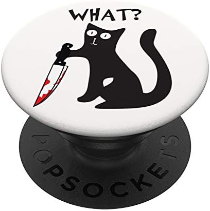 Cat What? Funny Black Cat Murderous Cat With Knife Halloween PopSockets Grip and Stand for Phones and Tablets