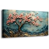 Tree of Life Pink Flowers and Golden Trees Pictures Canvas Wall Art for Living room Office Bedroom Teal Mountain Abstract Wall Decor Art Print Paintings Modern Plum Blossom Artwork -20x40inch