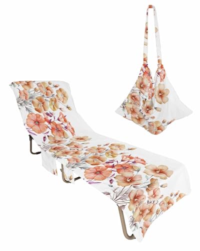 Floral Beach Chair Cover with Side Pockets, Microfiber & Quick Dry Pool Chaise Lounge Chair Towels Covers for Sun Sunbathing Patio Garden Hotel, Gradient Orange Botanical Leaves Plant Herb White