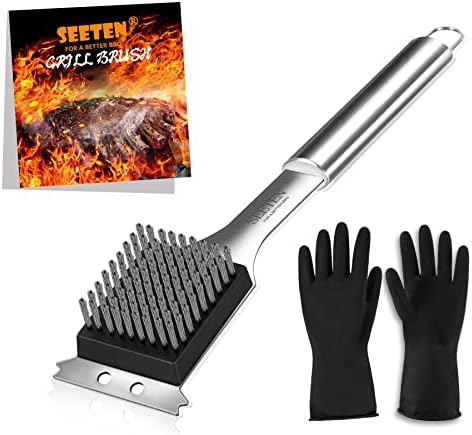 SEETEN Grill Brush and Scraper with 1 Reusable Cleaning Gloves-Safe&Strong 16 inch Stainless Steel Grill Cleaning Brush no Wire Bristles Fall Off-Nice Grill Accessories Gift