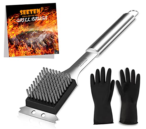 Seeten Grill Brush And Scraper With 1 Reusable Cleaning Gloves-Safe&Strong 16 Inch Stainless Steel Grill Cleaning Brush No Wire Bristles Fall Off-Nice Grill Accessories Gift #TOP17
