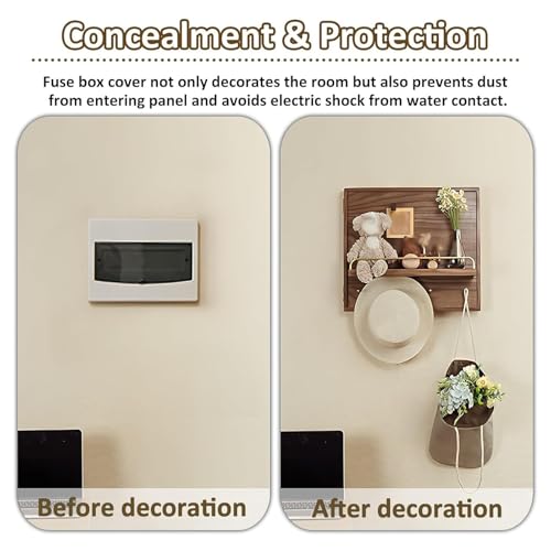 Wooden Decorative Breaker Box Cover with Shelf & Hooks, Wall-Mounted Electrical Panel Cover, Flip-Up Switch Box, Stylish Home Decor (23.6x27.6in)