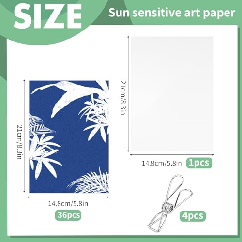 36 Stück A5 Cyanotypie Papier Kit, Hochempfindlich Sonnendruckpapier Solarpapier mit Kunststoffwerkzeug und Klammer Solar Fotopapier für Heimwerken Basteln