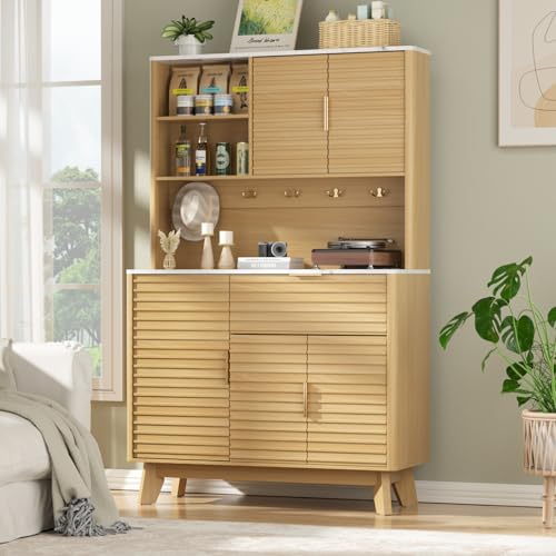 Image of Vabches 65 inch Kitchen Pantry Storage Cabinet, Fluted Kitchen Hutch Cabinet with 4 Charging Stations and Large Countertop, Open Shelves & Drawers for Dining Room, Living Room,Modern, Natural