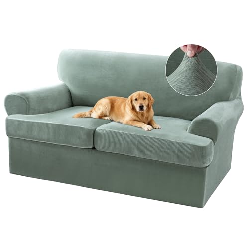 Sofa Cover 3 Piece T Cushion Loveseat Covers for 2 Cushion Couch Thick Velvet Couch Cover Stretch Furniture Covers with 2 Individual T Cushion Covers, Washable (2 Cushion Loveseat, Sea Grass)