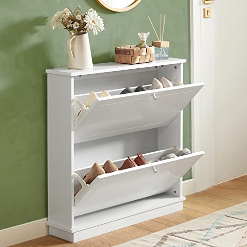 Haotian Shoe Cabinet with 2 Flip-Drawers, Freestanding Shoe Rack, Narrow Shoe Organiazer, Freestanding Shoe Rack, White, FSR99-W, 7.1" D x 29.9" W x 30.7" H, FSR99-W by Haotian - Used condition - US$75.24