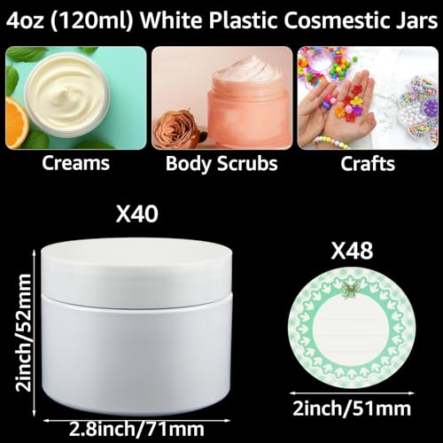 Acrux7 40 Pack 4 oz White Plastic Jars, Small Round Cosmetic Cream Jars with Lids & Labels, Refillable Plastic Cream Container 120 ml Leak Proof Travel Jars for Creams, Lotion, Body Butter, Body Scrub2