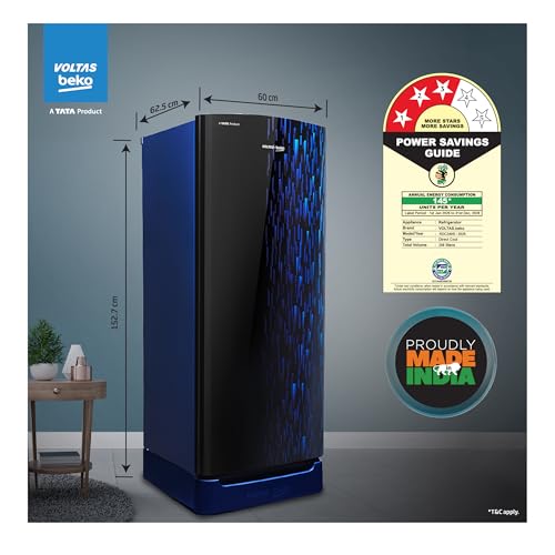 Image of Voltas Beko, A Tata Product 208 L, 3-Star Single Door Direct Cool Refrigerator with Harvest Fresh Technology (RDC240B / 3W0RBR0MHB00GO, Rainy Blue)