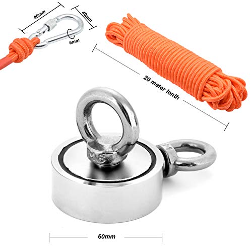 Second-Generation Super Strong Fishing Magnet | 600 lbs Pulling Force Rare Earth Neodymium Magnet with Countersunk Hole and Eyebolt | Diameter 2.36 inch (60mm) with 65 feet Rope Pulling Force Super - Thumbnail 4