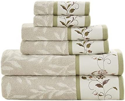 Madison Park Serene 100% Cotton Bath Towel Set Luxurious Floral Embroidered Cotton Jacquard Design, Soft and Highly Absorbent for Shower, Multi-Sizes, Green 6 Piece