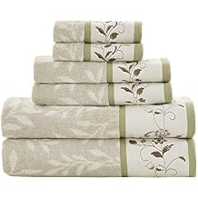 Madison Park Serene 100% Cotton Bath Towel Set Luxurious Floral Decorative Towels for Bathroom Embroidered Cotton Jacquard Design Soft Highly Absorbent for Shower 600 GSM, Multi-Sizes, Green 6 Piece