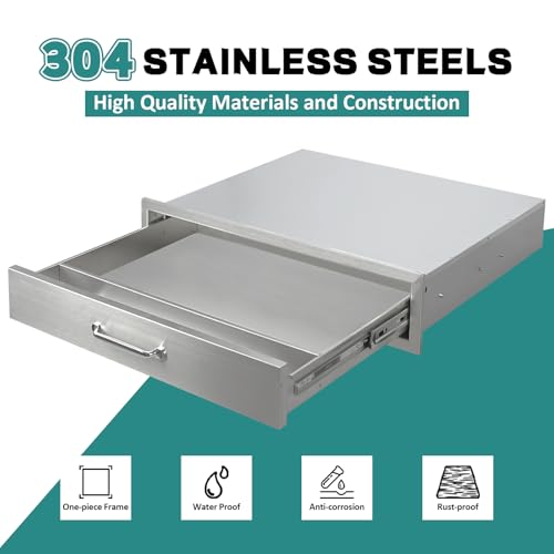 Image of Outdoor Kitchen Drawers 30 inch W x 6.5 inch H x 23 inch D Stainless Steel Drawer BBQ Single Drawers with Chrome Handle for Outdoor Kitchen Island, Patio Grill Station