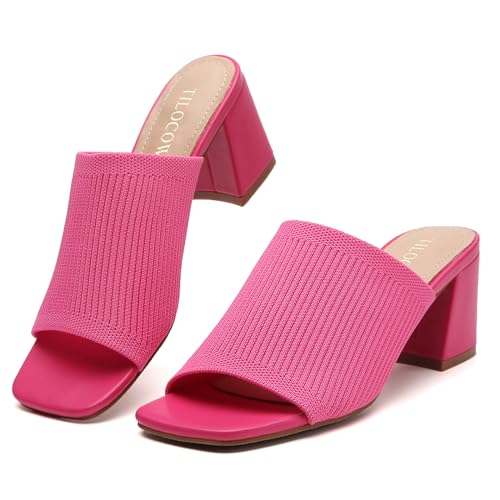 Image of Tilocow Knit Heeled Sandals for Women Square Open Toe Heeled Mules Chunky Block Low Heel Slip On Slides