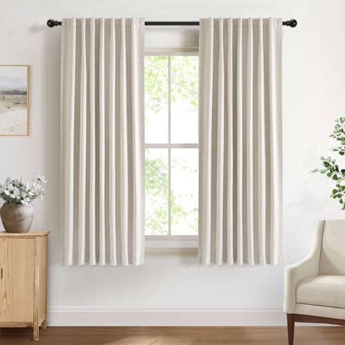 DEFYNEE 100% Verdunkelungsvorhang 2er Set H160xB140cm Creme | Leinenoptik, OEKO, Blackout-Rückseite, Thermo, Lärmschutz, Sichtschutz, Schlaufen & Stangendurchzug, Schlaf- & Wohnzim