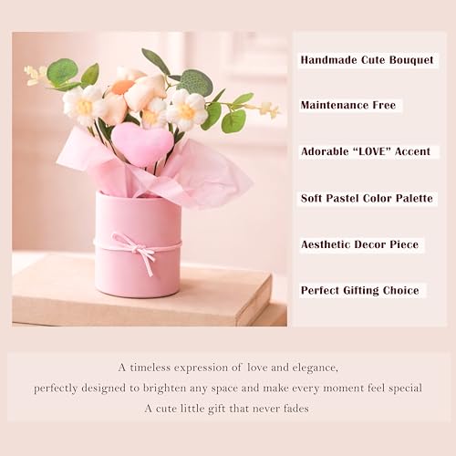 Image of Art Street Handmade Knitted Flower Bouquet in Pink Box - Artificial Daisy & Eucalyptus Arrangement with Soft Fabric Heart | Decorative Table Decor, Anniversary,