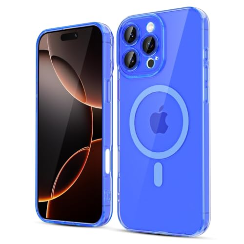 LoeoeL for iPhone 16 Pro Case Clear Mag Safe, Magnetic Transparent TPU Silicone Compatible with Magsafe Phone Case for Women, Slim Thin Glossy Non-Yellowing Bright Hard Plastic, Neon Blue