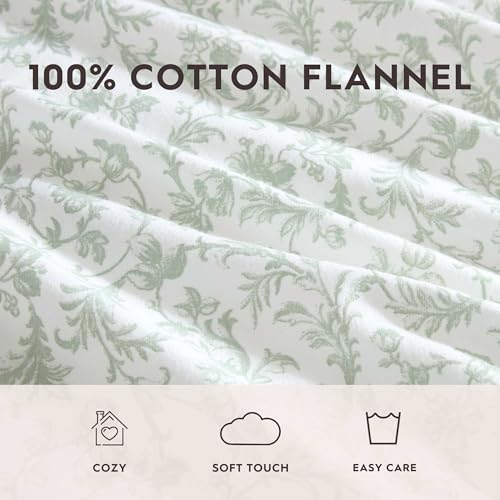 Image of Laura Ashley - Flannel Sheets Queen Size, Anti-Pilling & Wrinkle Resistant Cotton, Touchably Soft for All-Season Comfort - Bed Sheets with Matching Pillowcases & Fitted Sheet (Brinna Green)
