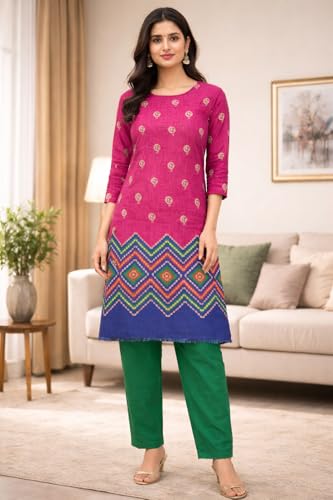 Image of Women's Cotton Blend Unstitched Kurti Set for Women | A-Line Style Dress Material | 2-Piece Traditional Ethnic Wear Suit Fabric