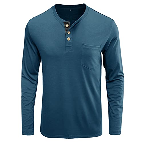 Mens Henley Shirts Long Sleeve Fashion Casual Stylish Cotton Shirts Tops Lightweight Fitted Basic Pullover T-Shirt (Large,Blue 3)