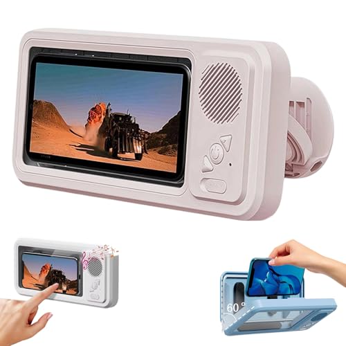 zardvern Shower Phone Holder with Wireless Bluetooth Speaker, Waterproof Phone Holder for Shower, Touch-Sensitive Screen Wall Mounted Phoneholder for Bathroom Mirror (Pink)