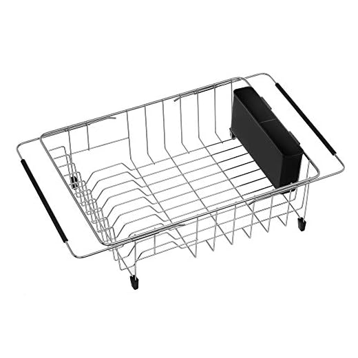 iPEGTOP Expandable Deep & Large Dish Drying Rack, Over the Sink, In Sink Or On Counter Dish Drainer with Black Removable Utensil Silverware Holder, Rustproof Stainless Steel