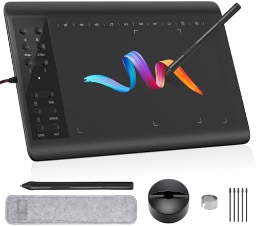 IMAGE Graphics Drawing Tablet 10 x 6 Inch Large Active Area with 8192 Levels Battery-Free Pen and 12 Hot Keys, Compatible with Windows/Mac/Android for Painting, Design & Online Teaching, Black