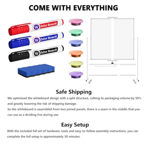 Image of Large Rolling Whiteboard on Wheels, 48 inch x 48 inch Double-Sided Mobile White Board with Stand, 4' x 4' Portable Standing Magnetic Dry Erase Board Easel for Home Office Classroom School, Silver