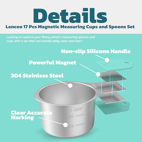 Magnetic Measuring Cups and Spoons Set of 17 - Stackable Stainless Steel Magnetic Measuring Spoons Set with Leveler - Dual Marking Scale Measuring Cup for Dry and Liquid Ingredients, Baking & Cooking by Lenceo - Image 4