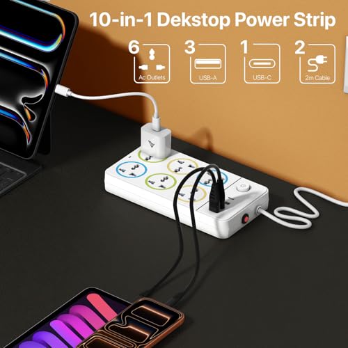 Image of DR VAKU 10in1 2000W Extension Board with 6 Universal Sockets 3 USB A Ports (18W), 20W Fast PD Type C Charge 2 Meter Heavy Duty Cord Smart Chip Power Strip for Home Office Travel, 220 Volts- White