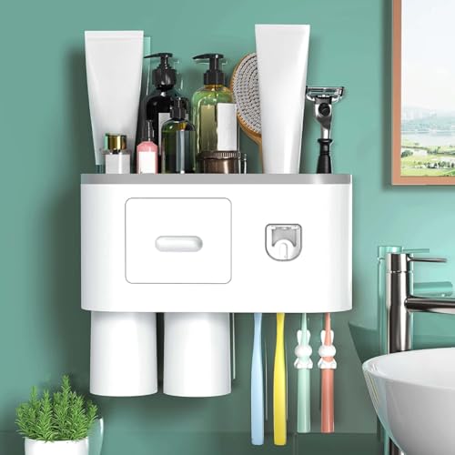 Image of Toothbrush Holder Wall Mounted, Automatic Toothpaste Dispenser Squeezer Kit -Magnetic Toothbrush Holder for Bathroom and Vanity, 4 Brush Slots 1 Cosmetic Drawer (Grey, 2 Cup)