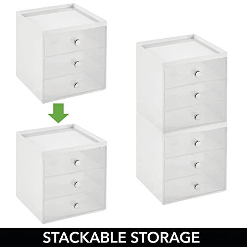 mDesign Makeup Organizer Storage Station Cube with 3 Drawers for Bathroom Vanity, Cabinet, Countertops - Holds Lip Gloss, Eyeshadow Palettes, Brushes, Blush, Mascara - White/Clear by mDesign - Image 5