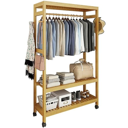 FGXHHS Portable Wardrobe Rack with Wheels, 2-Tier Shelves and Hanging Rod for Bedroom Closet Organization