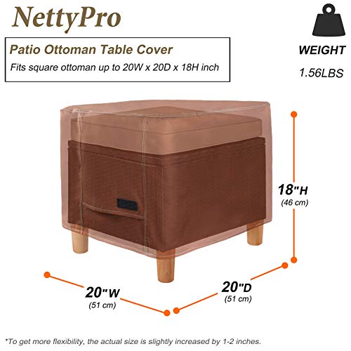 Nettypro Waterproof Ottoman Cover Square 20 X 20 Inch Outdoor Patio Furniture Ottoman Table Cover, Brown #TOP4
