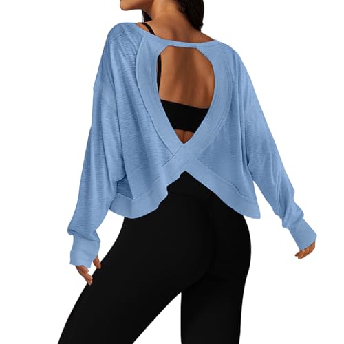 Image of UNIANKIYA Open Back Workout Tops for Women Long Sleeve Cropped Athletic Clothes Gym Running Yoga Low Impact Sports T Shirts