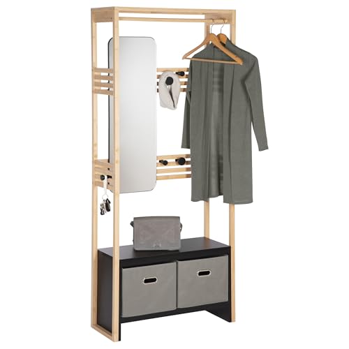ONVAYA® Bambus Garderobenständer mit Spiegel ǀ Grau ǀ Garderobe inklusive Kleiderstange, Haken, Aufbewahrungsboxen und Sitzbank ǀ zwei moderne Farbvarianten ǀ Garderobenschrank mit Spiegel