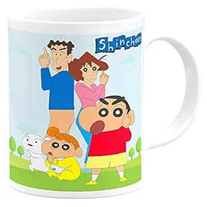 CHHAAP Shinchan and Family Playing Cartoon Mug Gift for Kids Brother Sister Son Daughter Boys Girls Hd Printed Microwave Safe White Ceramic Coffee Mug (350 ml) (CR17 09)