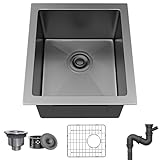 YITAHOME Black Kitchen Sink 15in Bar Sink 16 Gauge Stainless Steel Undermount Sinks, Nano Gunmetal Black Small Single Bowl Sink with Grid for Workstation, RV, Prep Kitchen 15 x 17 x 10 in