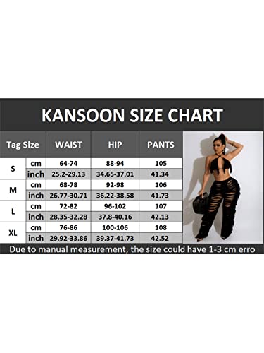 Kansoon High Waisted Bikini Sets For Women Two Piece Sexy Tassels Knit Tie Top And Tight Pants Cover Ups Bath Outfits Khaki L #TOP4