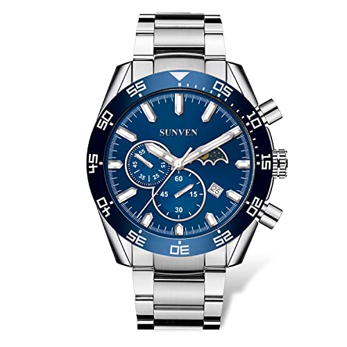 SUNVEN Wrist Watches for Men Moon Phase Chronograph Waterproof Quartz Blue Men's Wrist Watches Stainless Steel Band